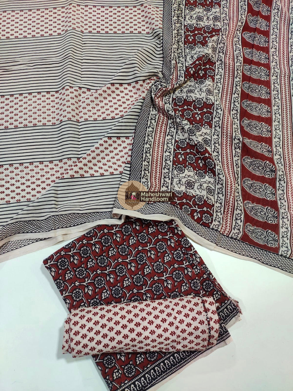Red White Bagh Print Cotton Suit set 