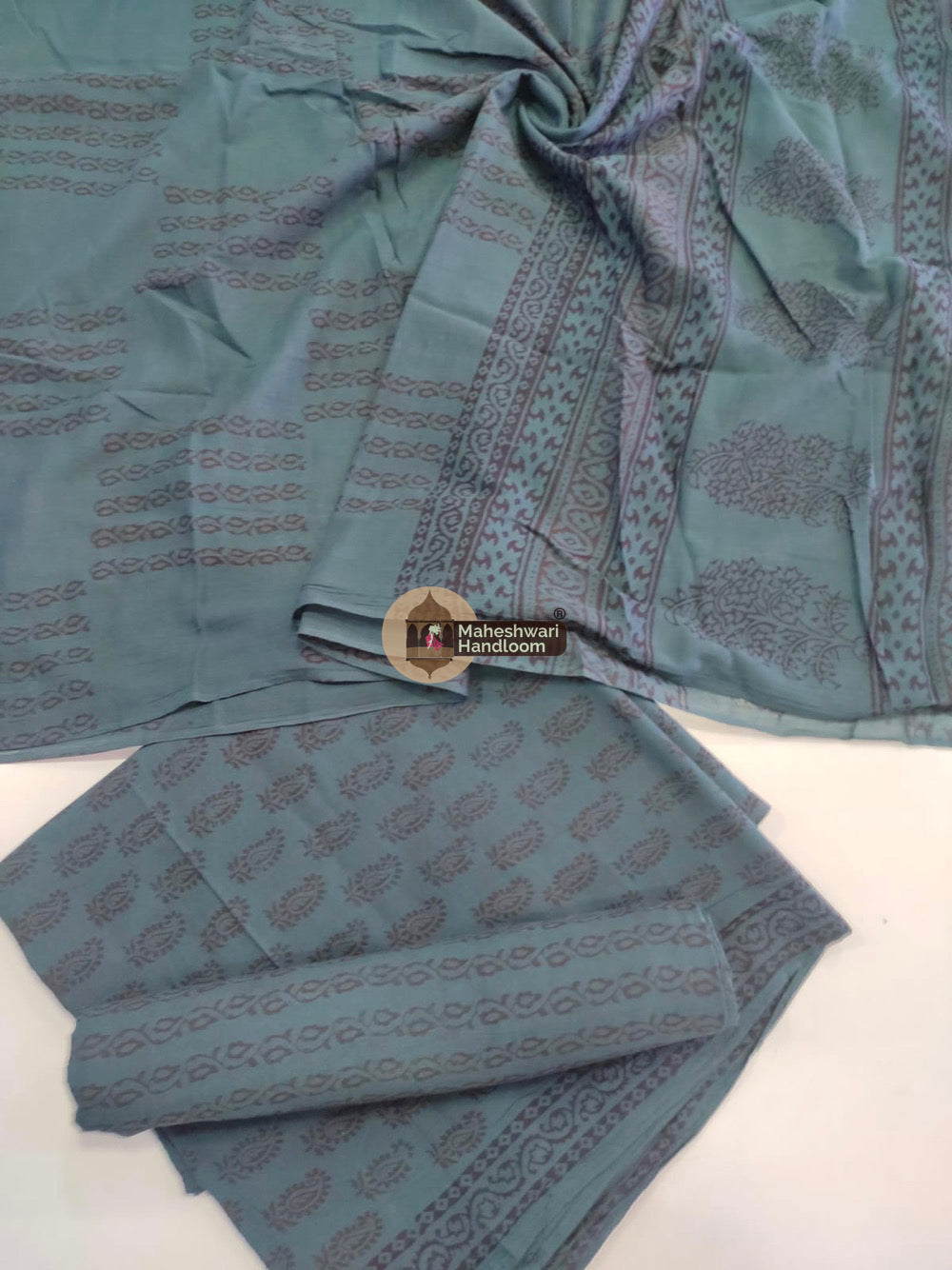 Aqua Blue Bagh Print Cotton Suit set 