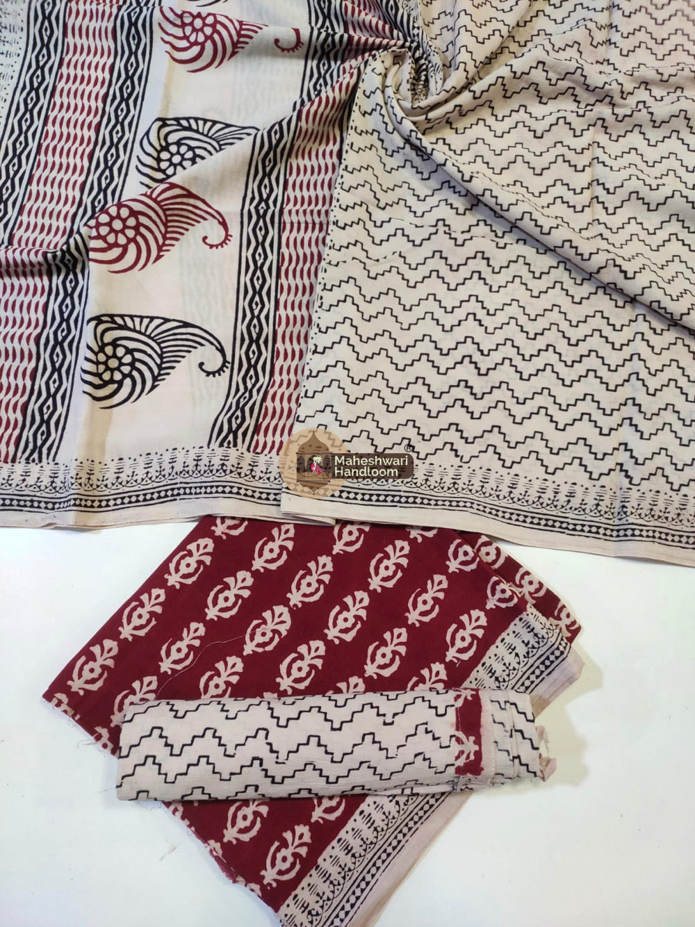 White Red Bagh Print Cotton Suit set 