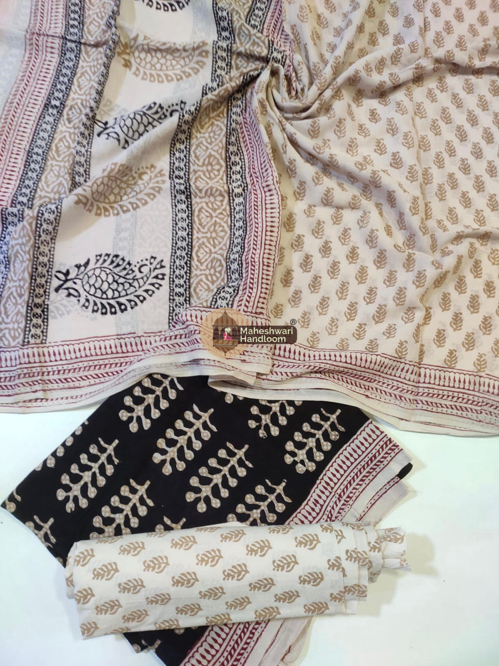 Off White Black Bagh Print Cotton Suit set