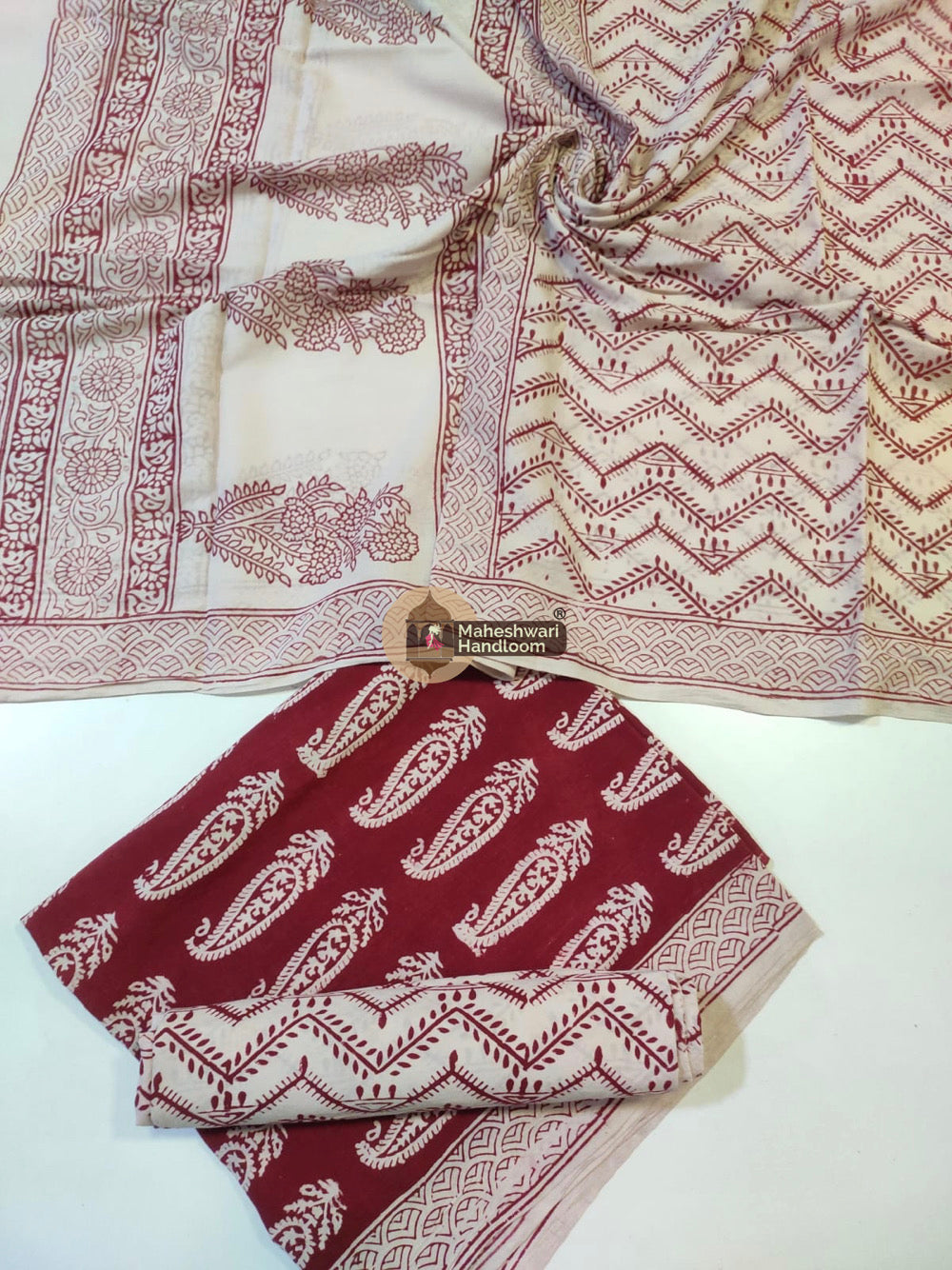 Off White Red Bagh Print Cotton Suit set