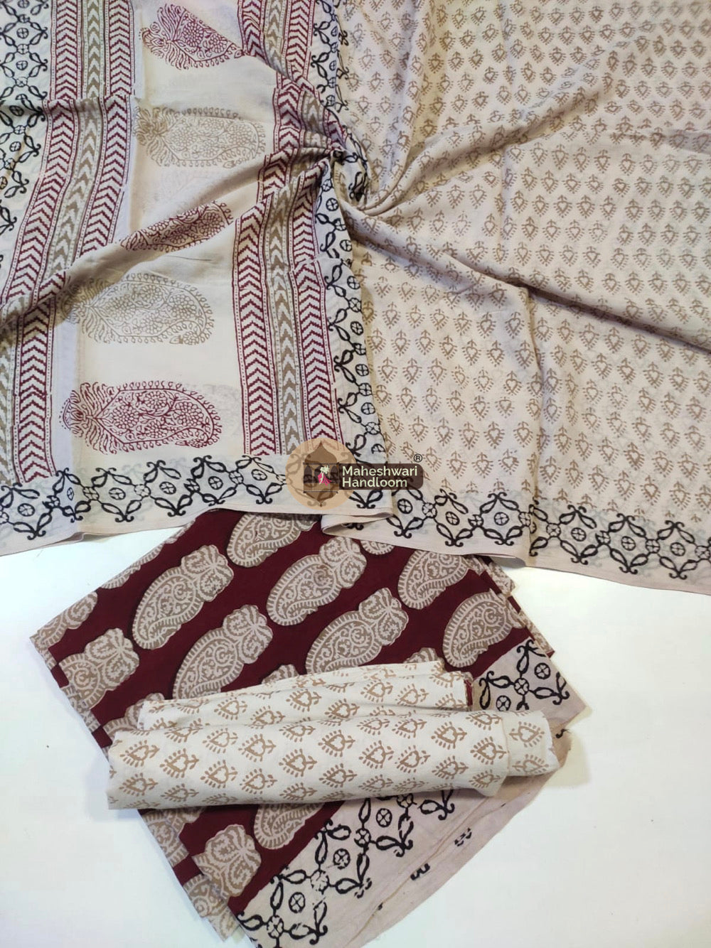 Off White Red Bagh Print Cotton Suit set 