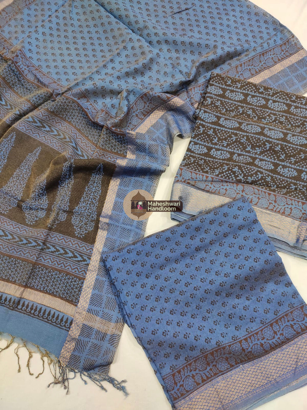 Dark Blue Maheshwari Bagh Print Suit set - 64