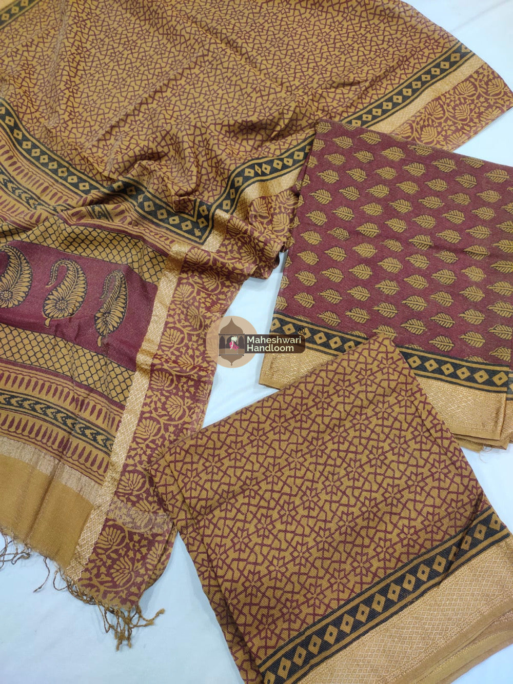 Mustard Red Maheshwari Bagh Print Suit set- 61