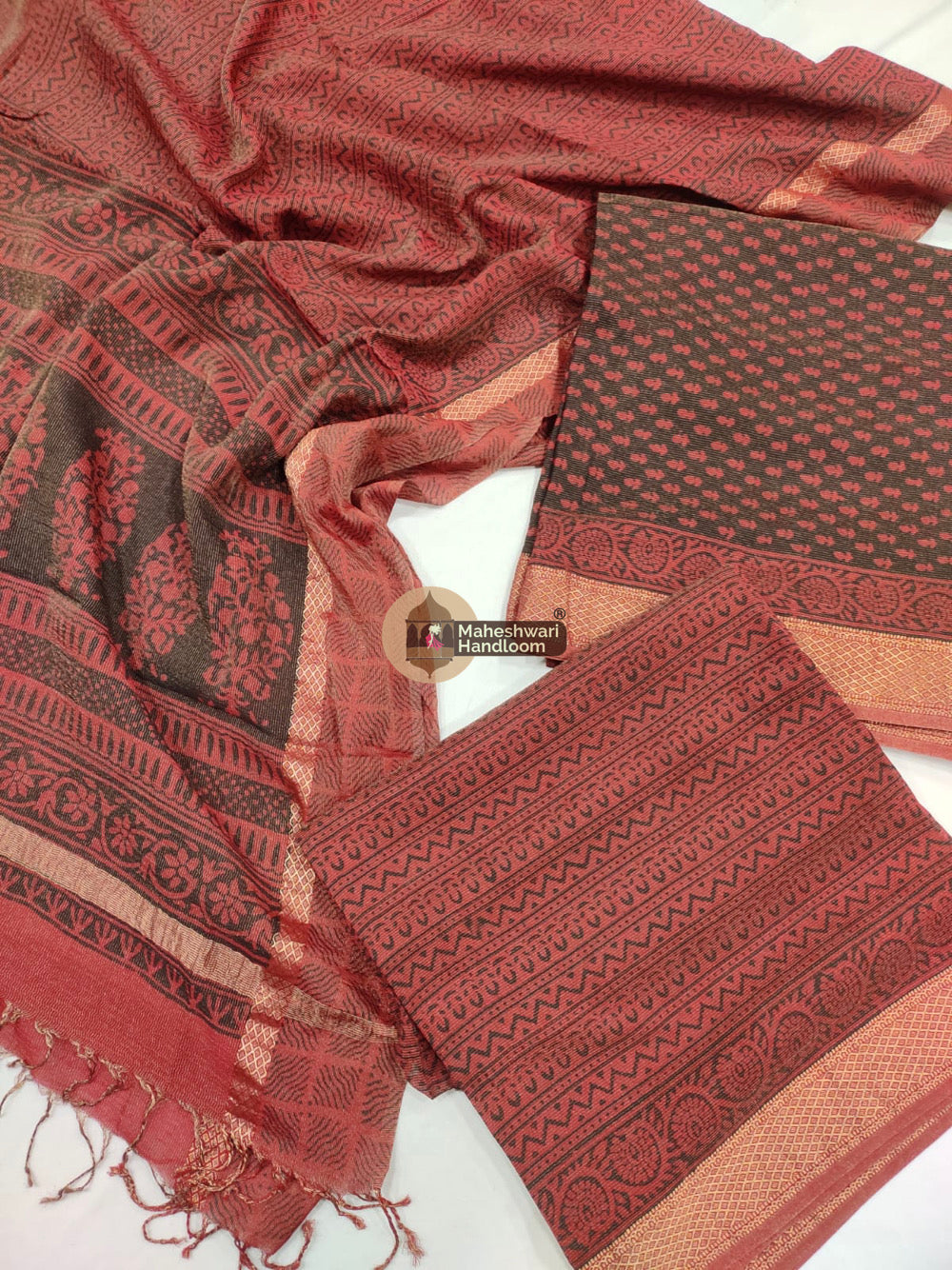 Red Black Maheshwari Bagh Print Suit set- 58