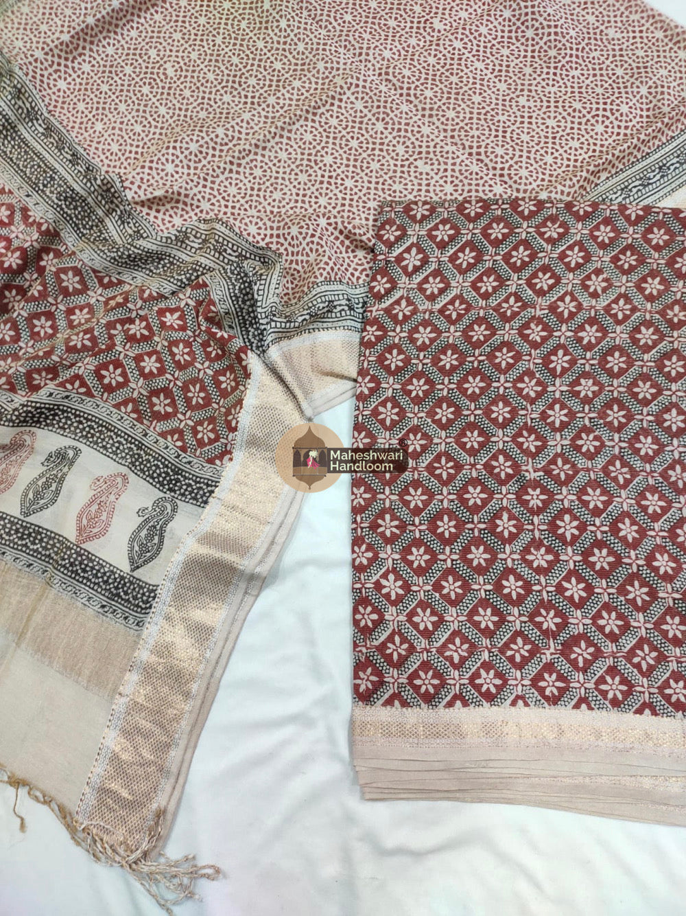 Red White Maheshwari Bagh Print Suit set - 07