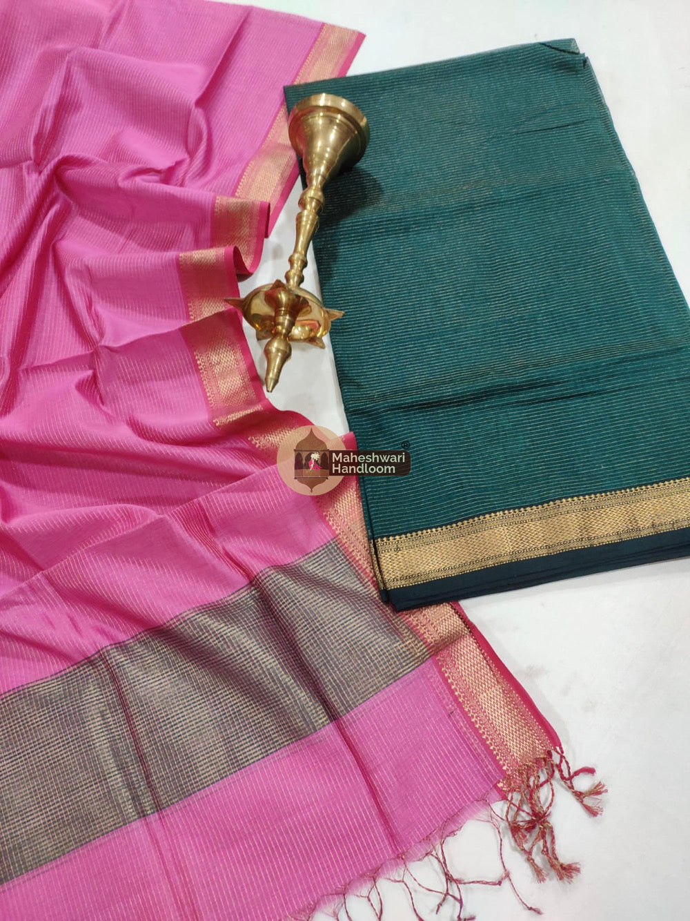 Maheshwari Green Pink Tissue Top Dupatta Suits