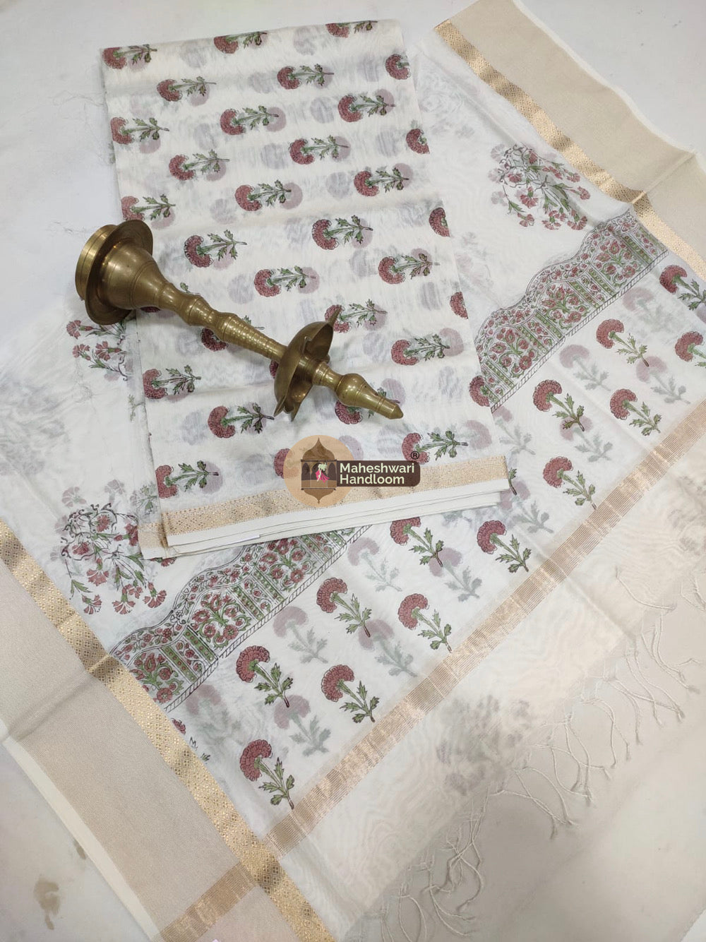 White Maheshwari Printed Top Dupatta Suits - 02