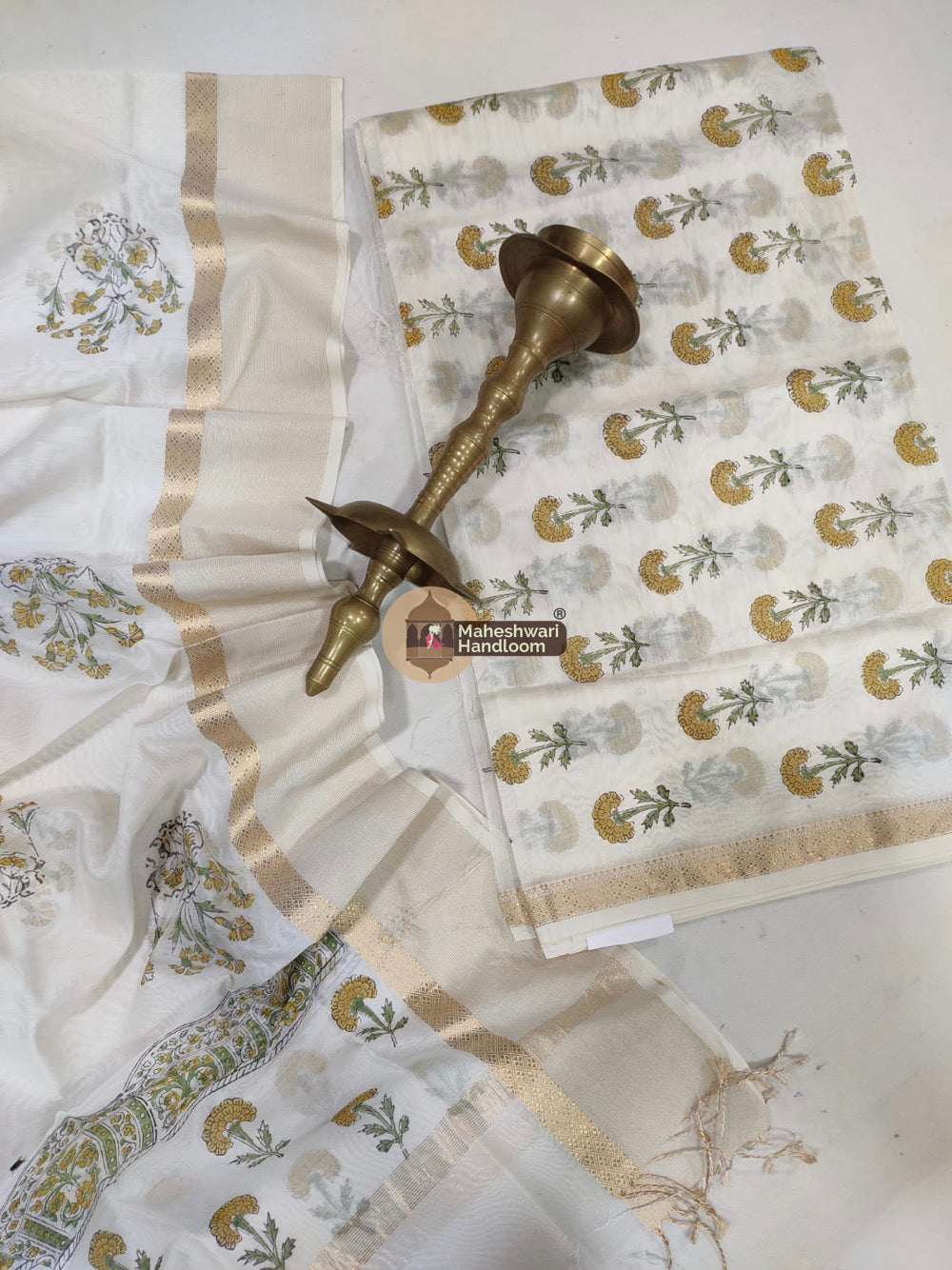 White Maheshwari Printed Top Dupatta Suits - 05