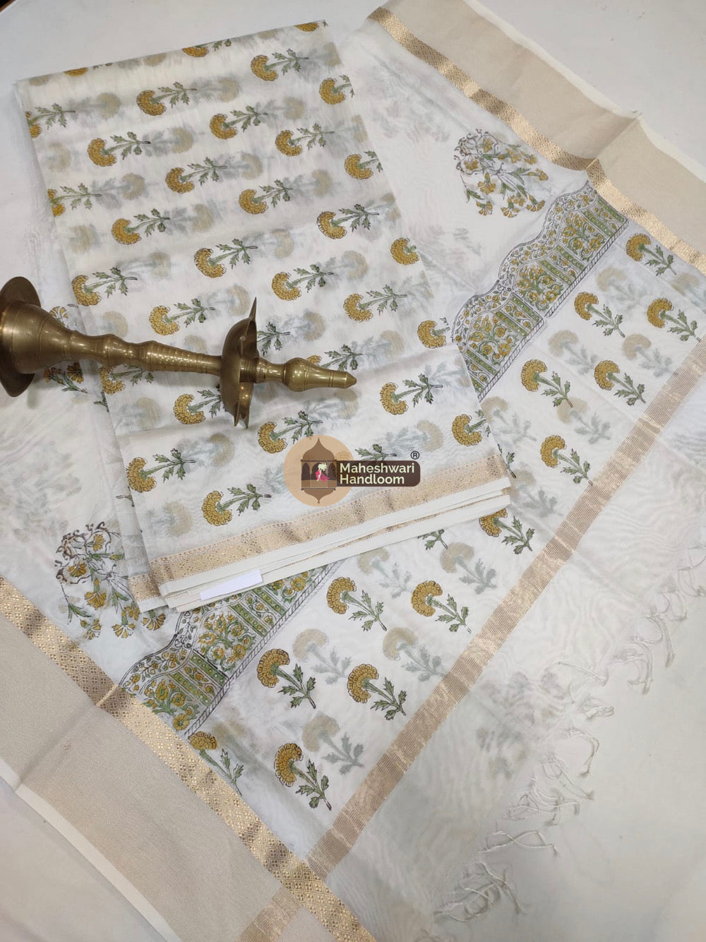 White Maheshwari Printed Top Dupatta Suits - 05