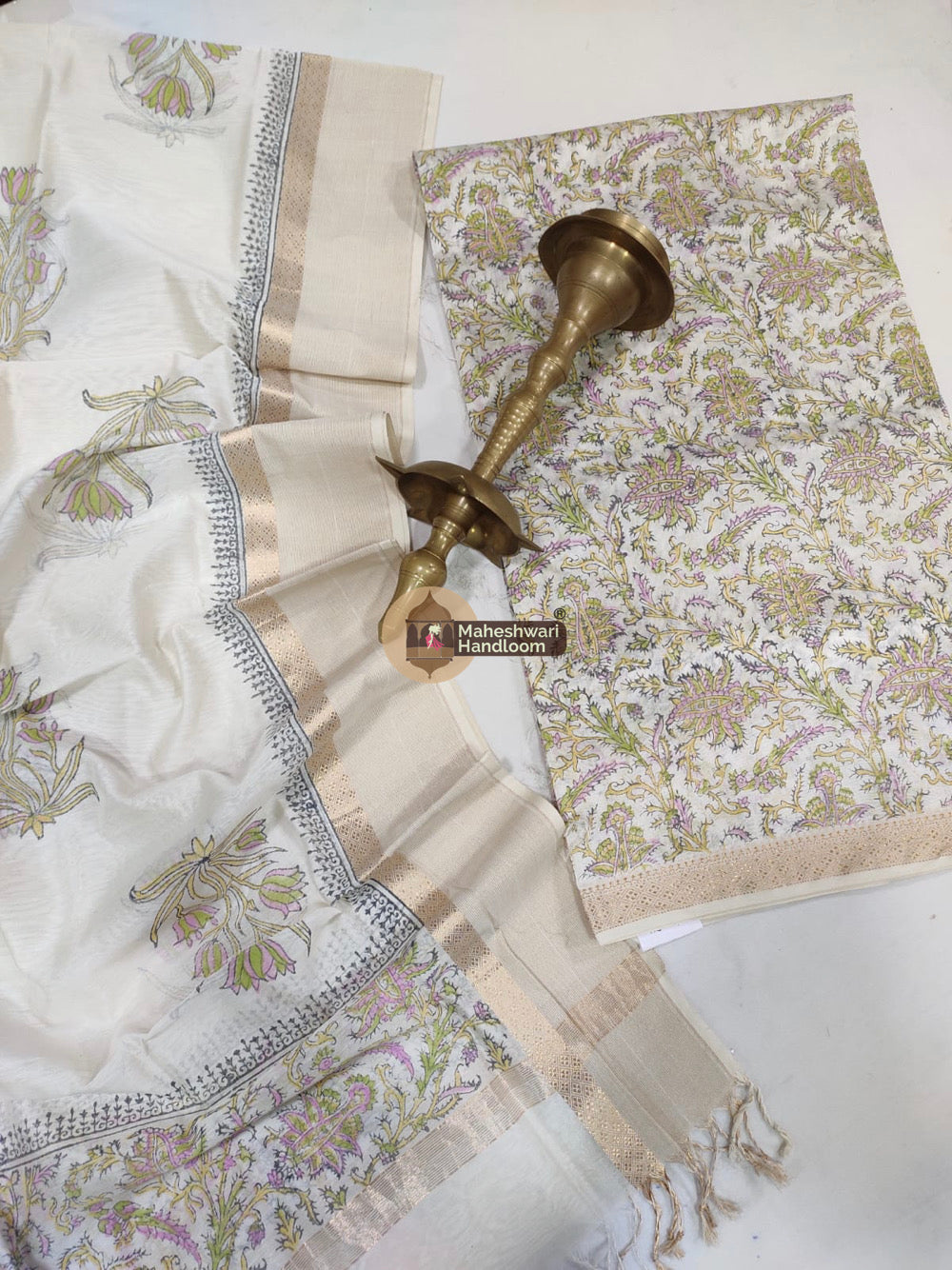White Maheshwari Printed Top Dupatta Suits 