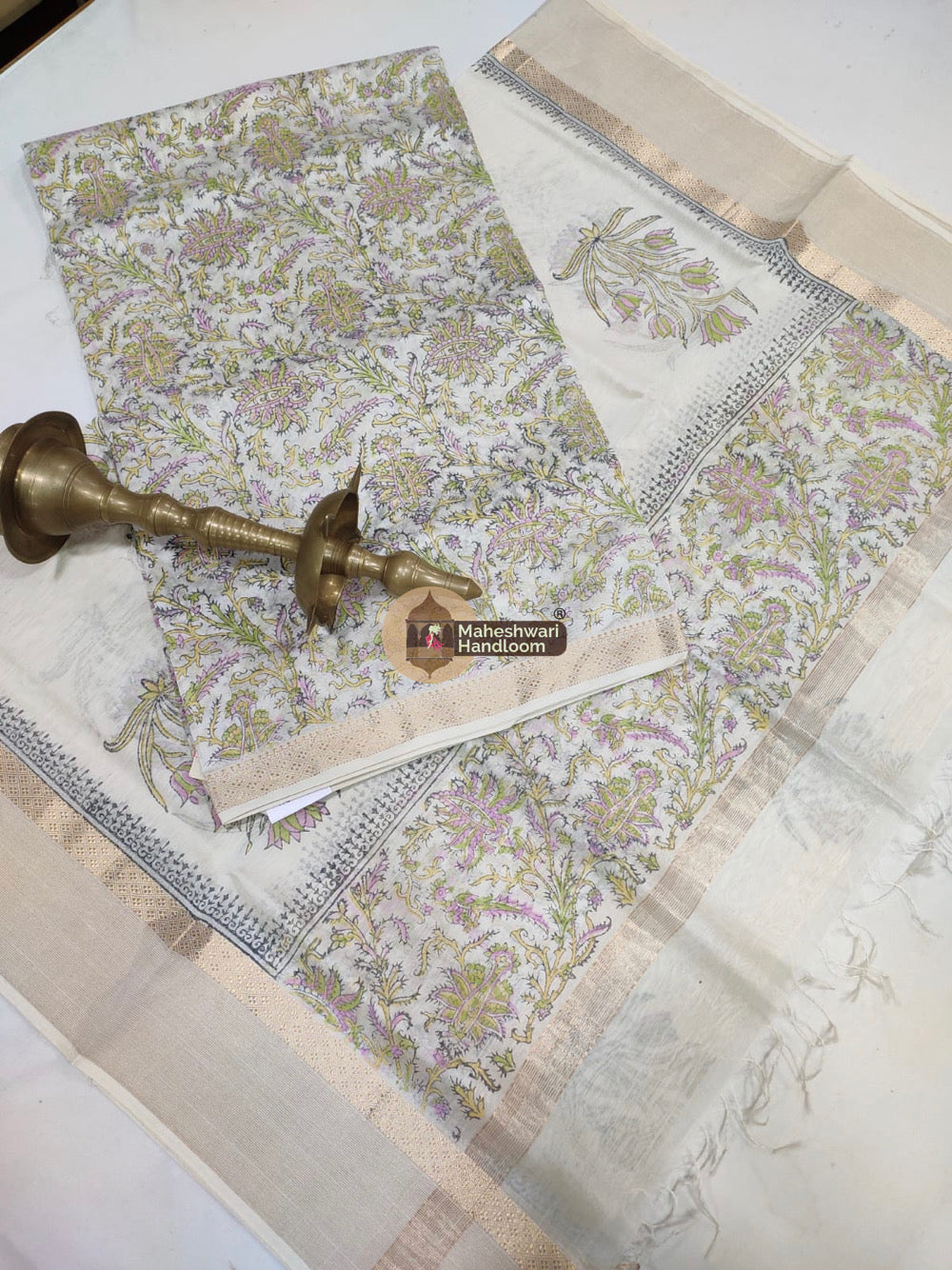 White Maheshwari Printed Top Dupatta Suits - 03