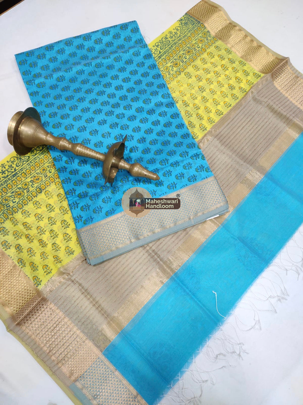 Yellow Blue Maheshwari Printed Top Dupatta Suits - 06
