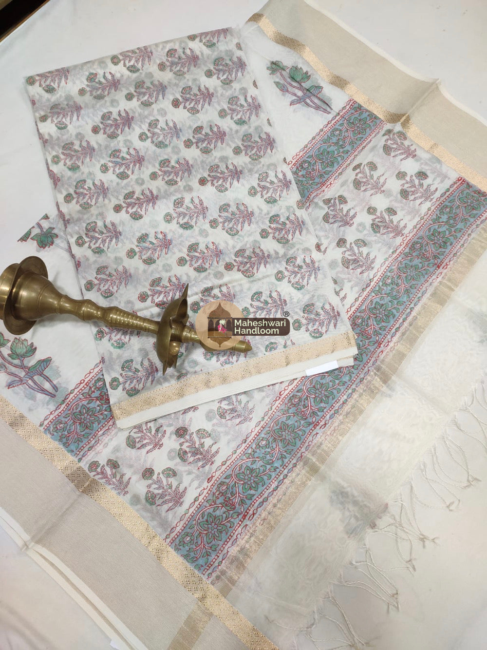 White Maheshwari Printed Top Dupatta Suits - 37