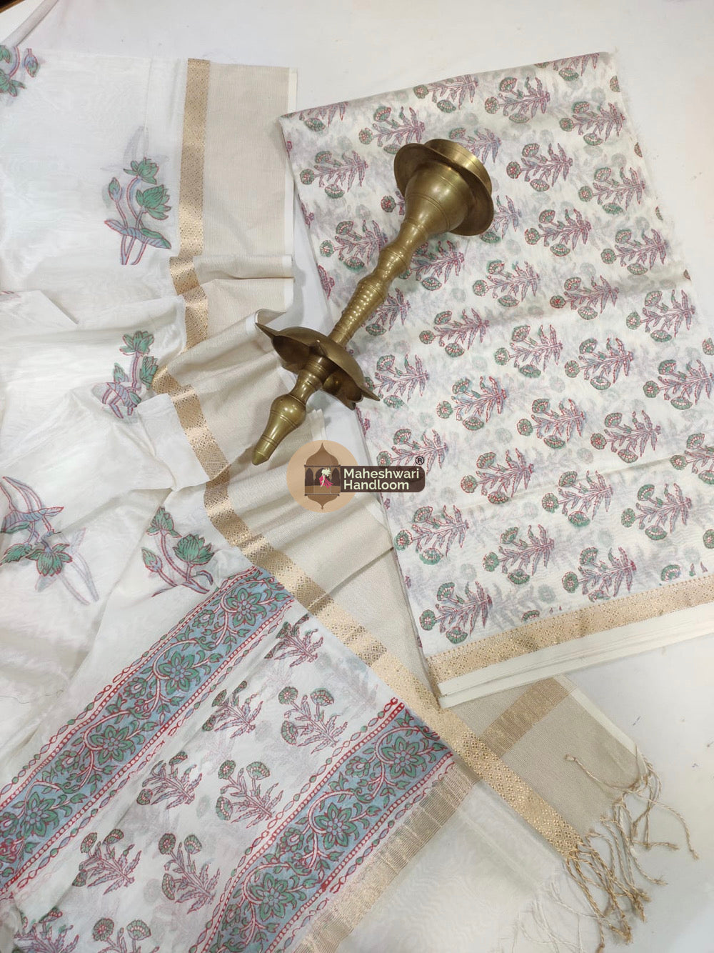 White Maheshwari Printed Top Dupatta Suits - 37