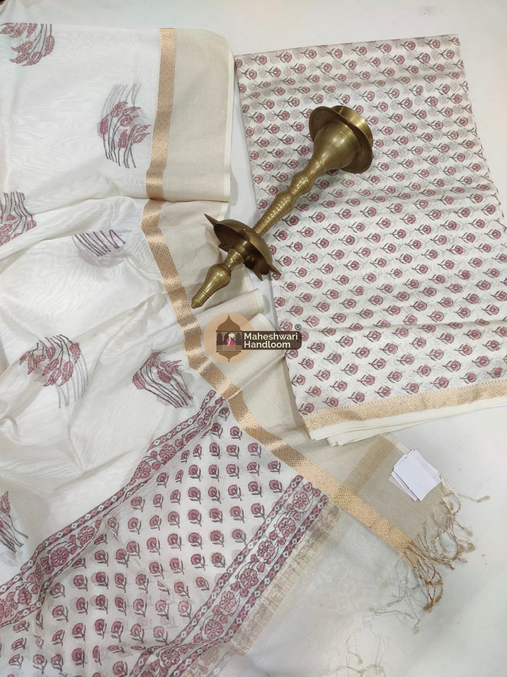 White Maheshwari Printed Top Dupatta Suits - 36