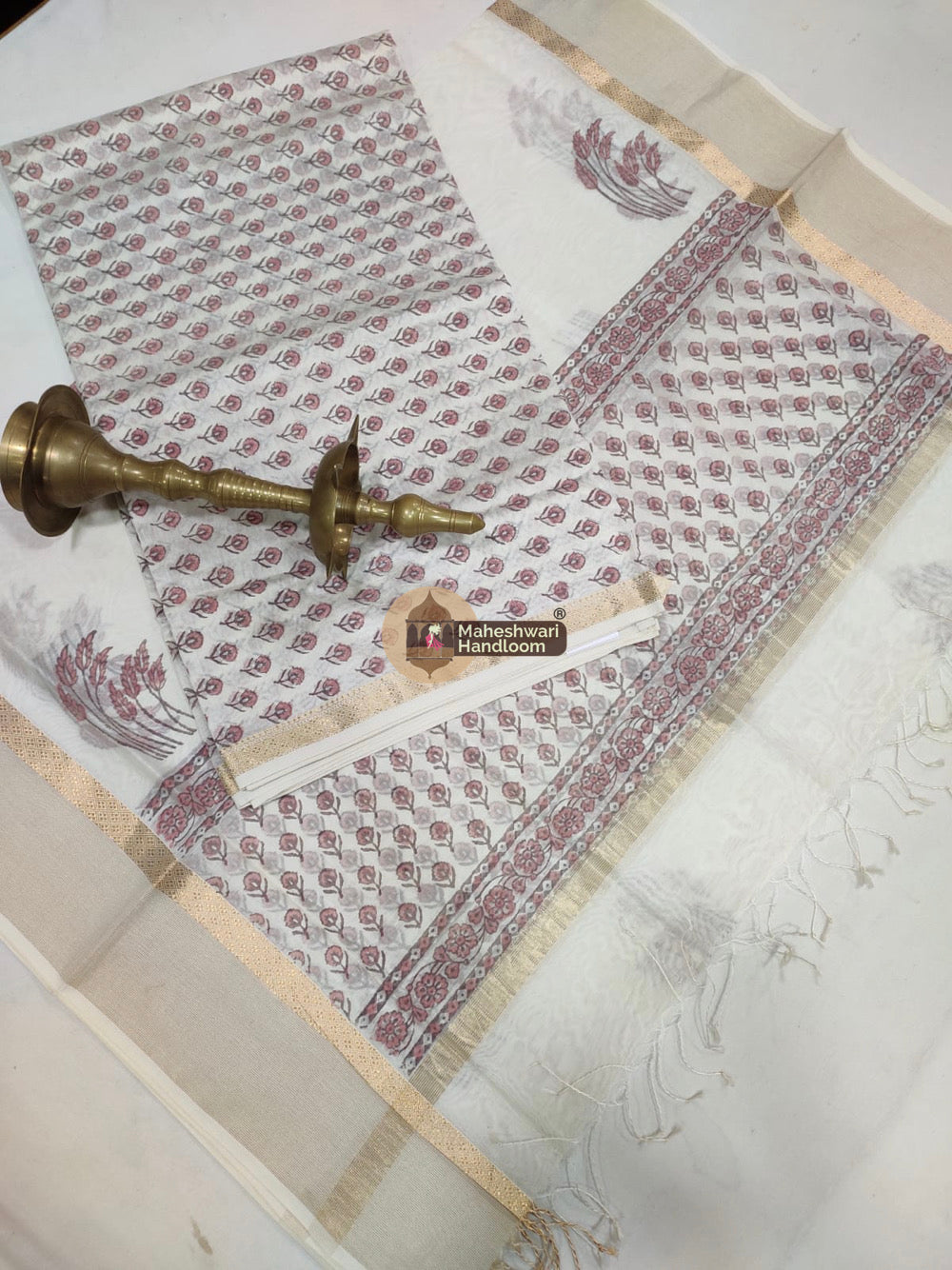 White Maheshwari Printed Top Dupatta Suits - 36