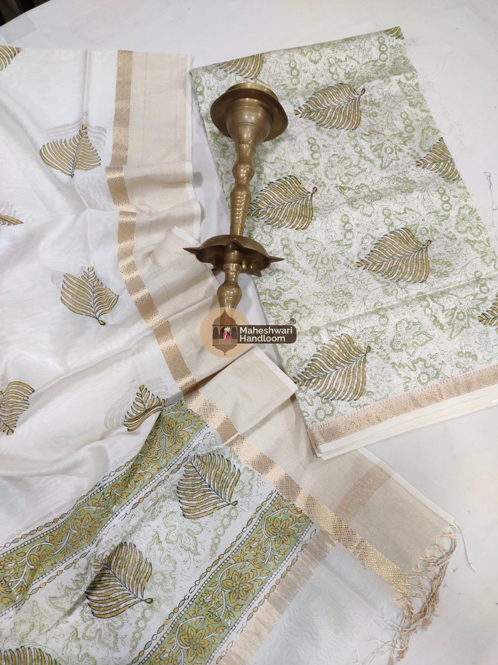 White Maheshwari Printed Top Dupatta Suits- 30