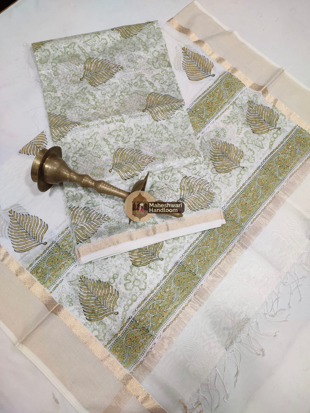 White Maheshwari Printed Top Dupatta Suits- 30