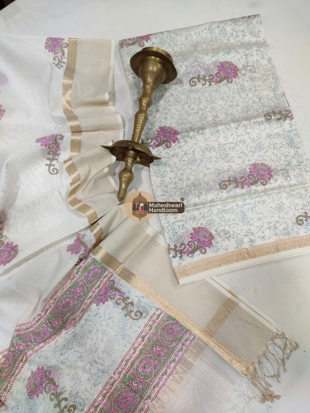 White Maheshwari Printed Top Dupatta Suits- 27