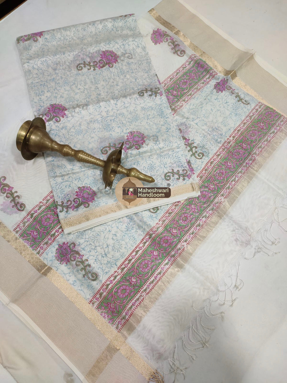 White Maheshwari Printed Top Dupatta Suits- 27