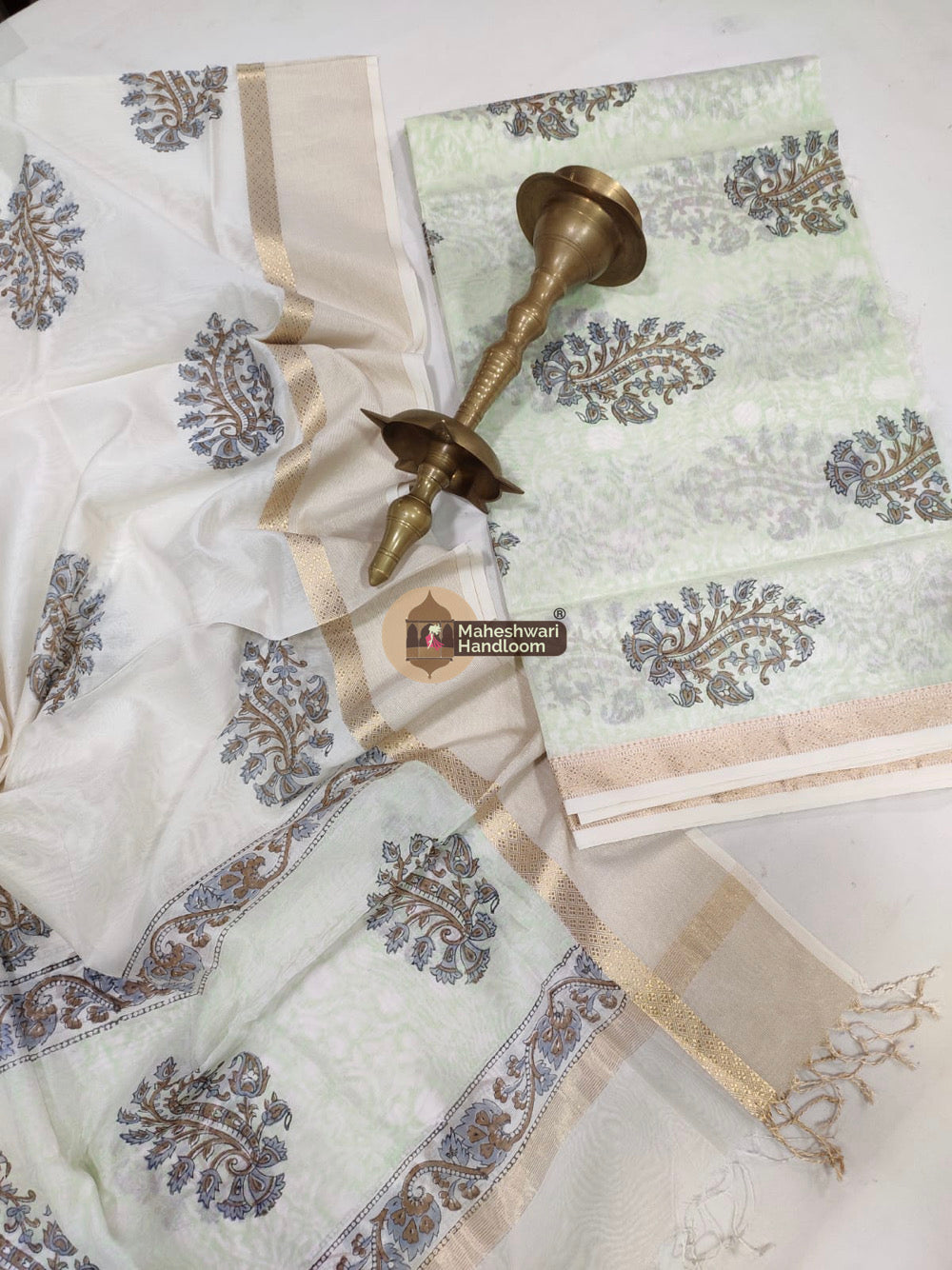 White Maheshwari Printed Top Dupatta Suits- 24