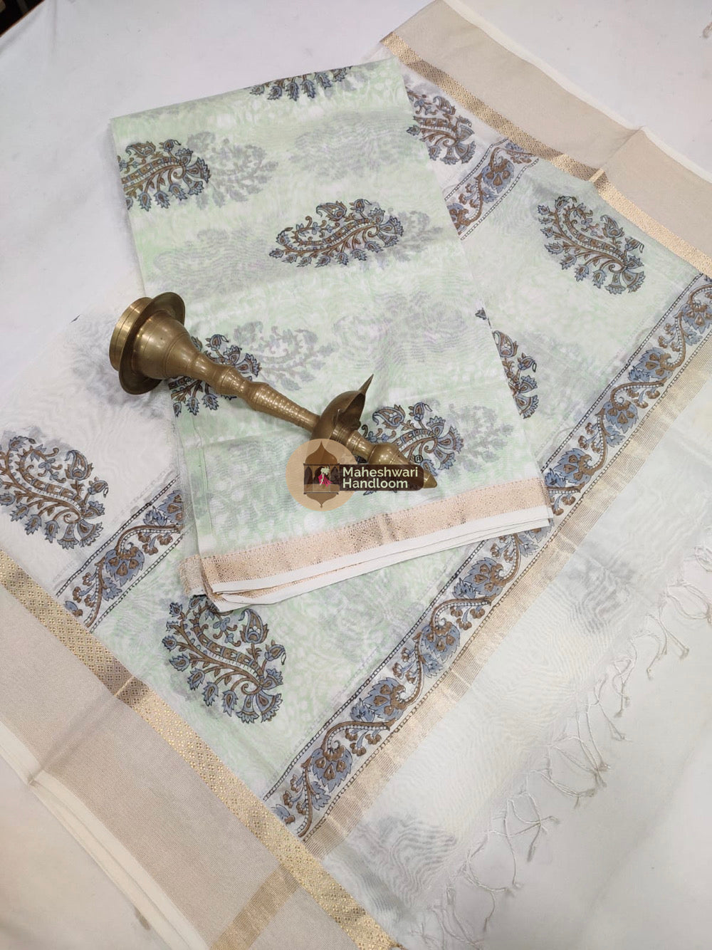 White Maheshwari Printed Top Dupatta Suits- 24