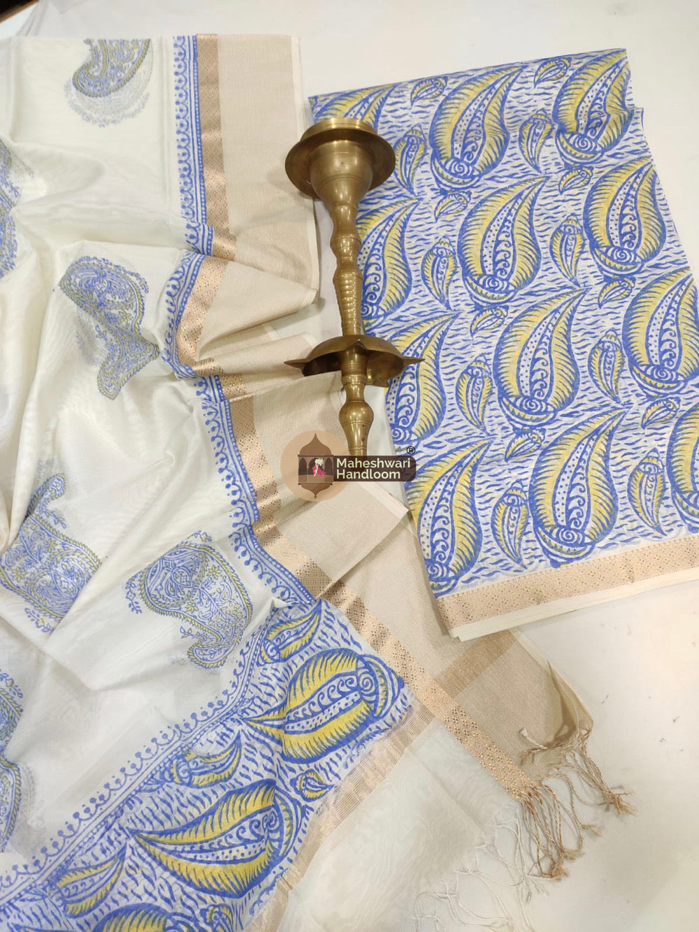 Blue Maheshwari Printed Top Dupatta Suits- 23