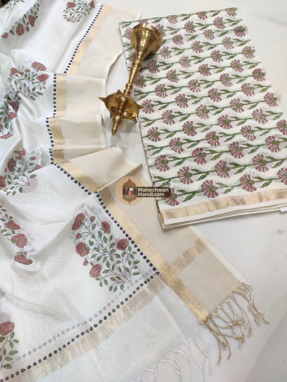 White Maheshwari Printed Top Dupatta Suits 