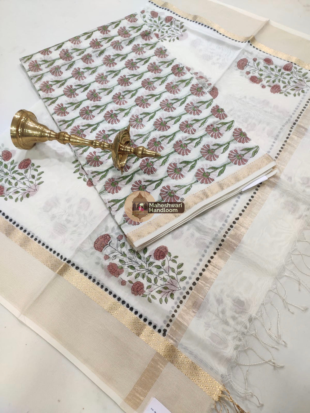 White Maheshwari Printed Top Dupatta Suits 