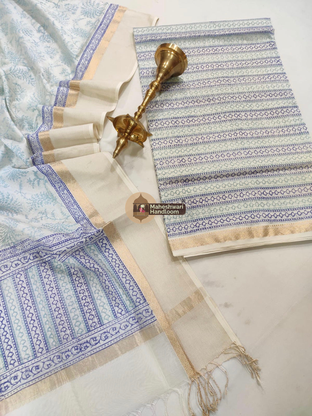 Purple White Maheshwari Printed Top Dupatta Suits