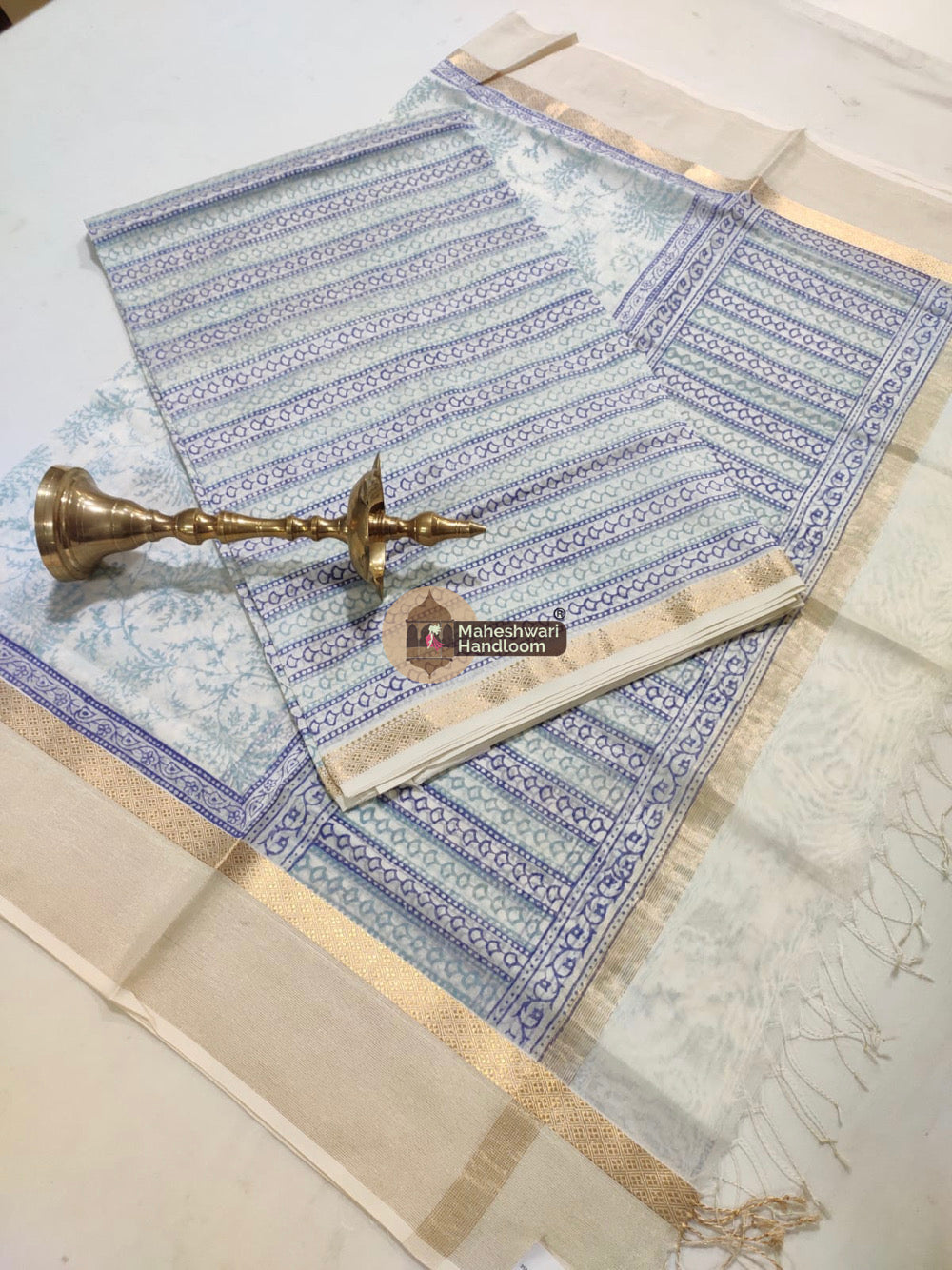 Purple White Maheshwari Printed Top Dupatta Suits