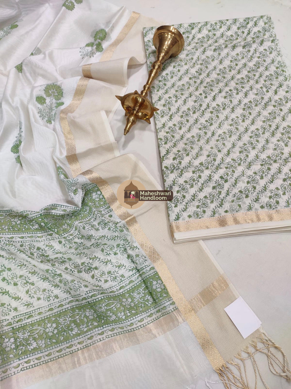 White Green Maheshwari Printed Top Dupatta Suits