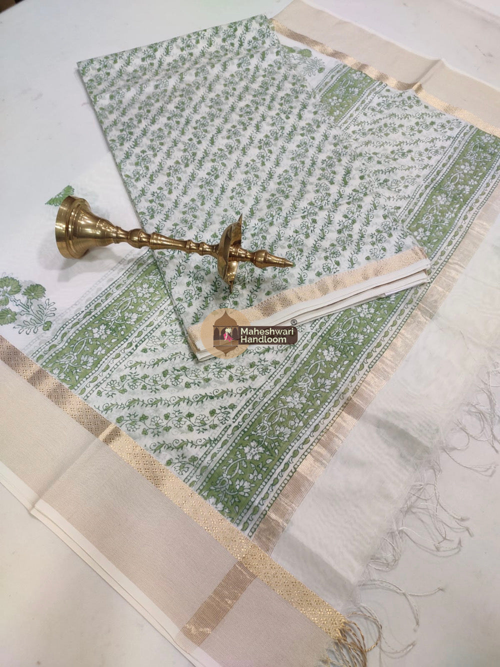 White Green Maheshwari Printed Top Dupatta Suits