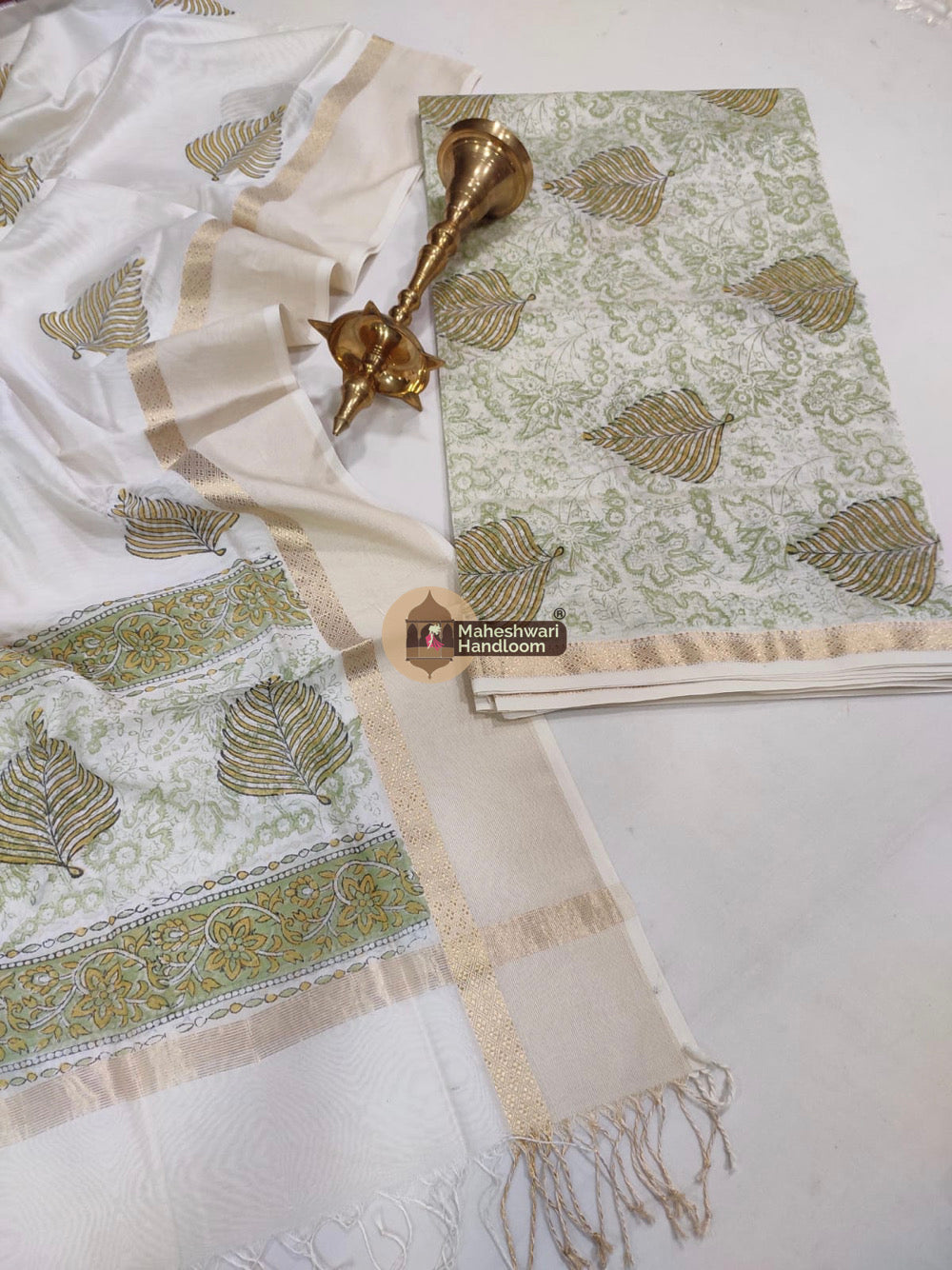 White Green Maheshwari Printed Top Dupatta Suits