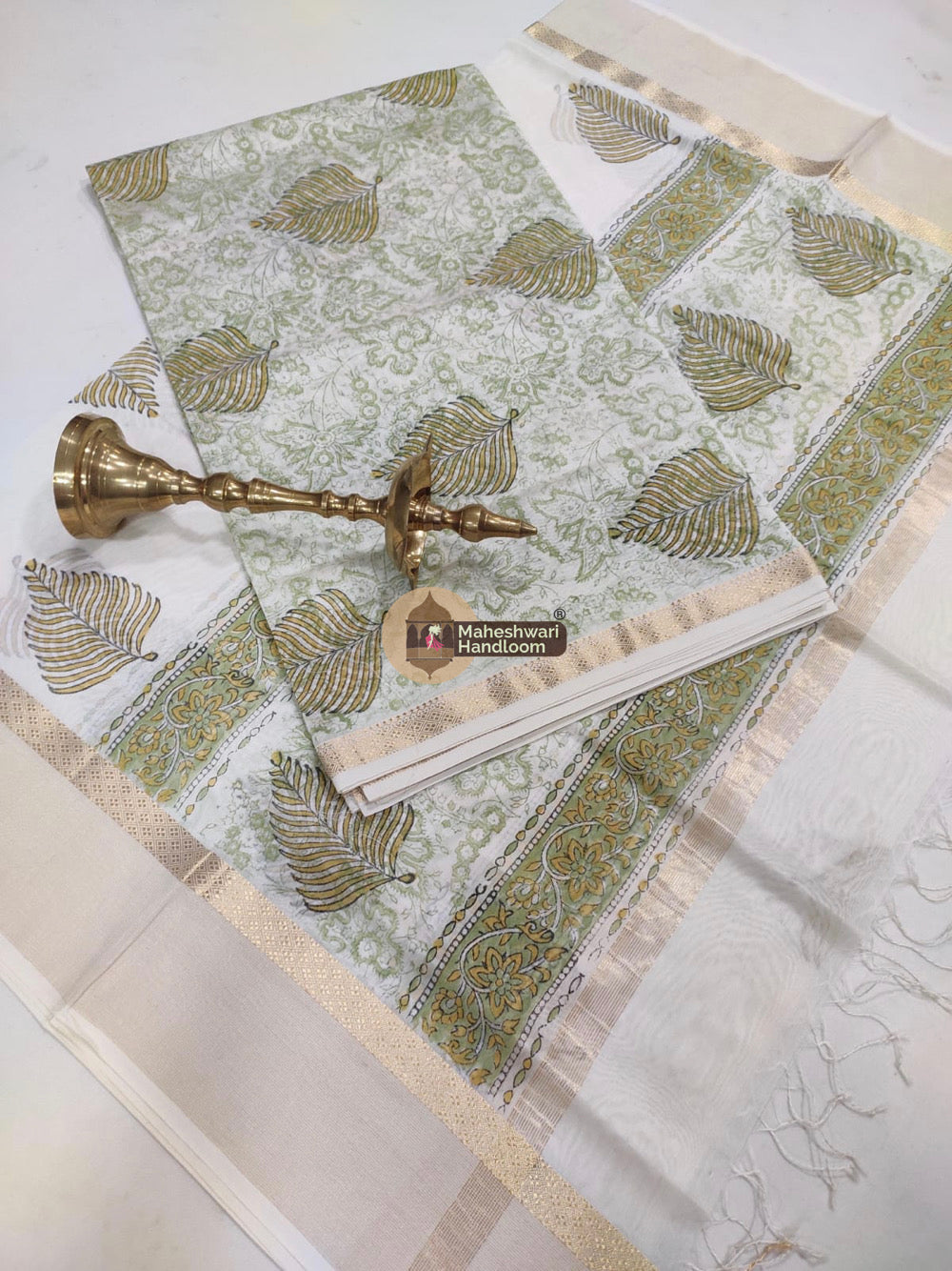 White Green Maheshwari Printed Top Dupatta Suits