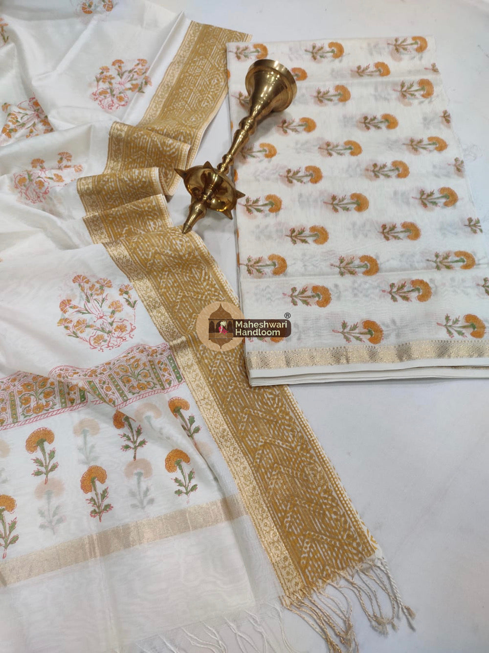 White Maheshwari Printed Top Dupatta Suits