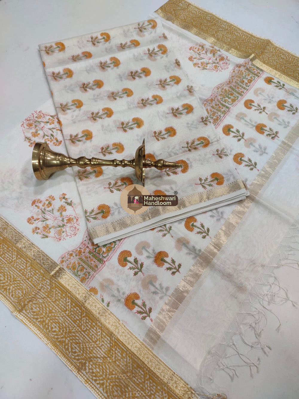 White Maheshwari Printed Top Dupatta Suits