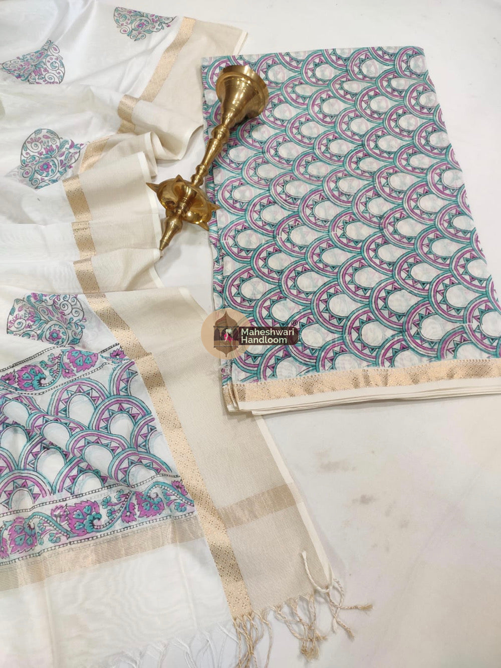 Purple White Maheshwari Printed Top Dupatta Suits