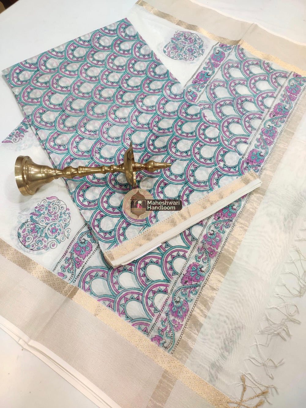 Purple White Maheshwari Printed Top Dupatta Suits