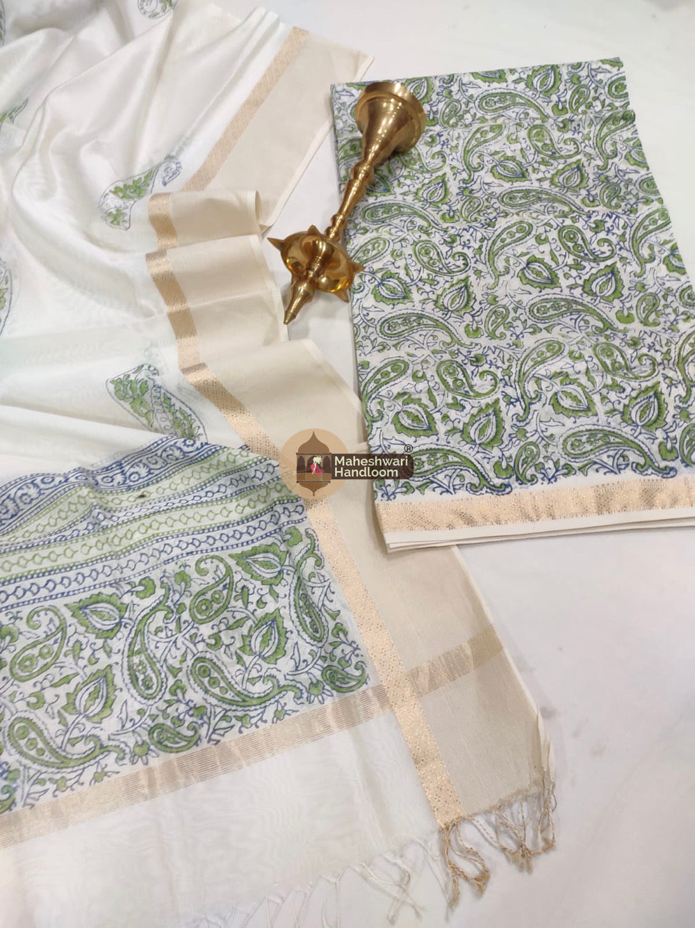 White Green Maheshwari Printed Top Dupatta Suits