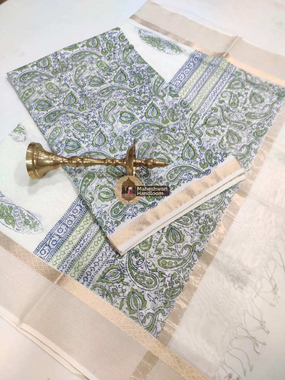 White Green Maheshwari Printed Top Dupatta Suits