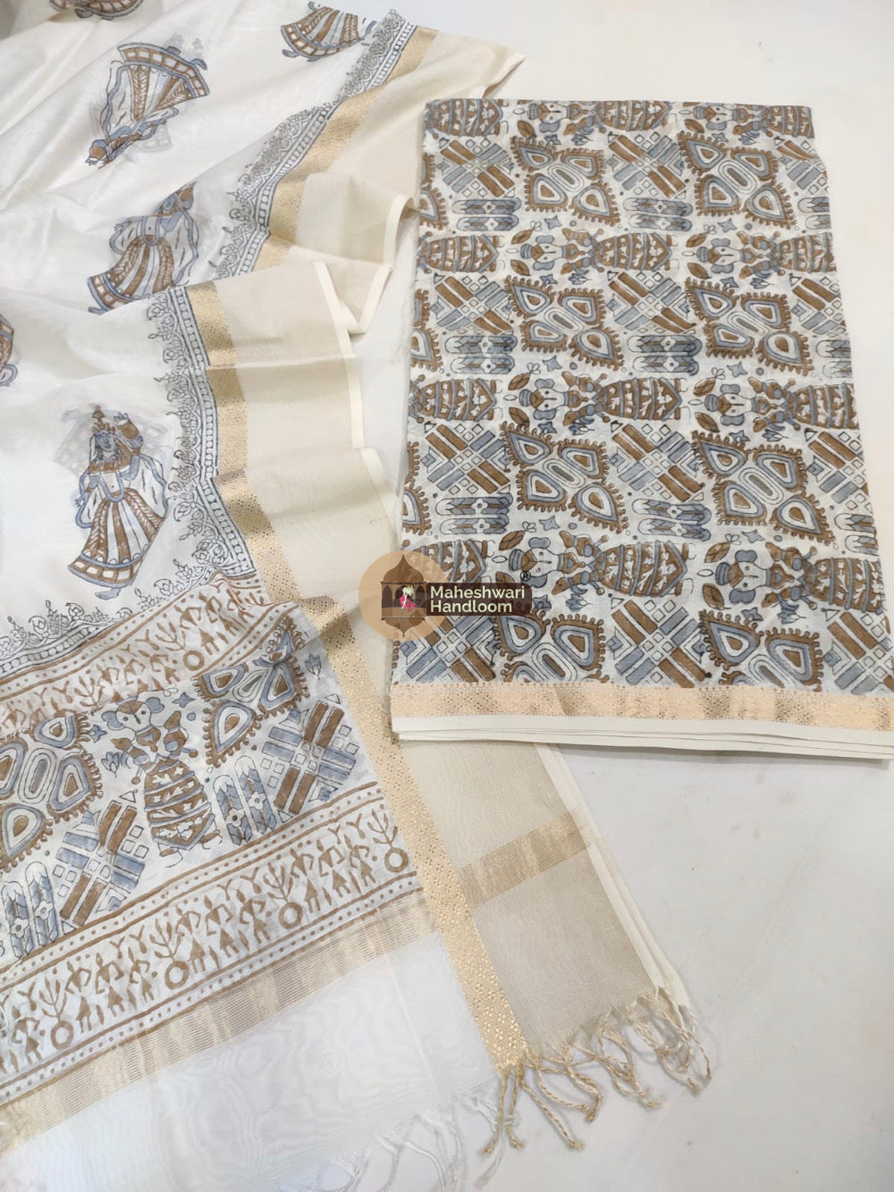White Brown Maheshwari Printed Top Dupatta Suits