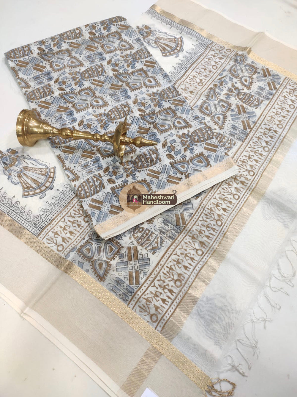 White Brown Maheshwari Printed Top Dupatta Suits