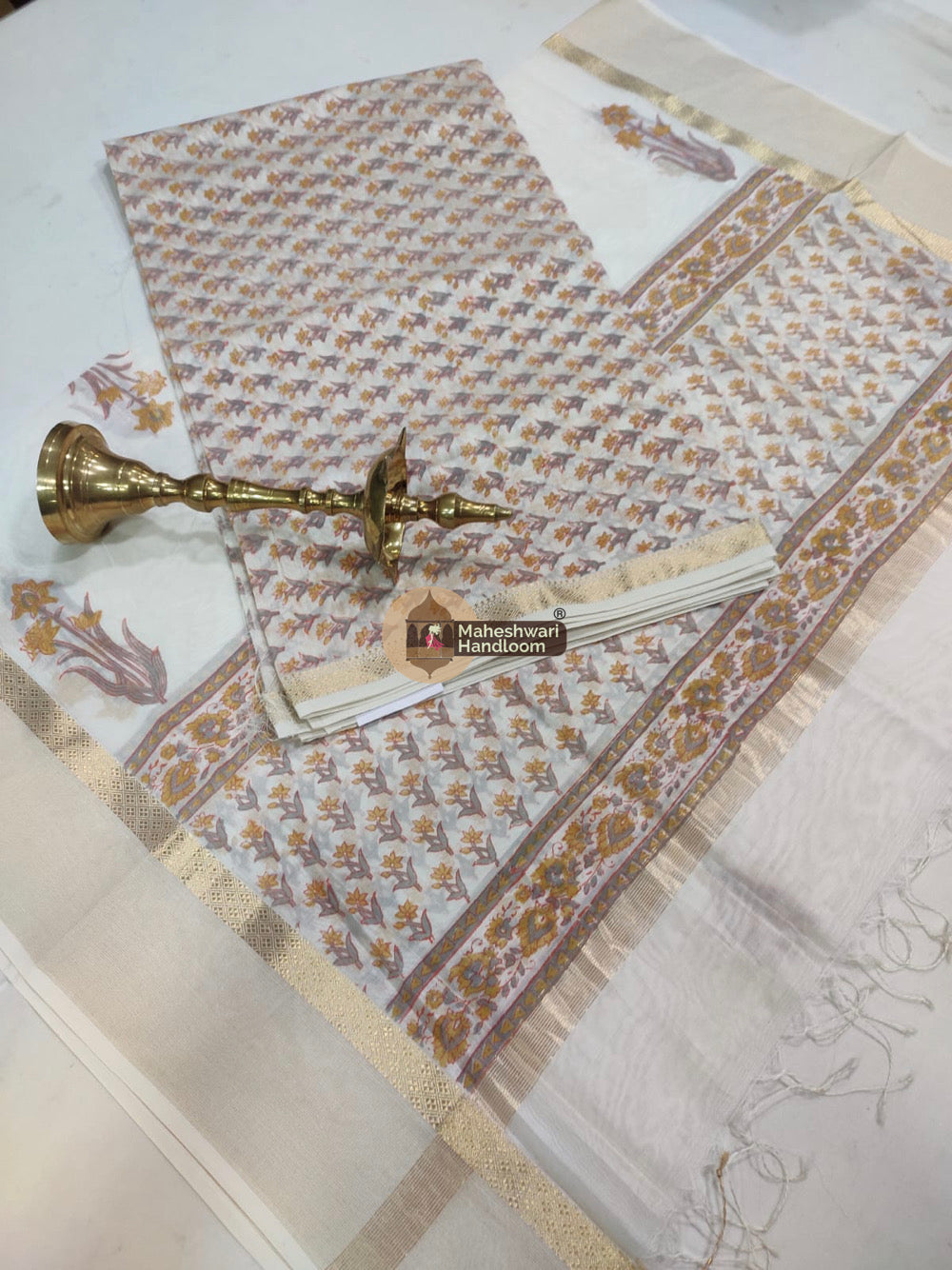 White Maheshwari Printed Top Dupatta Suits