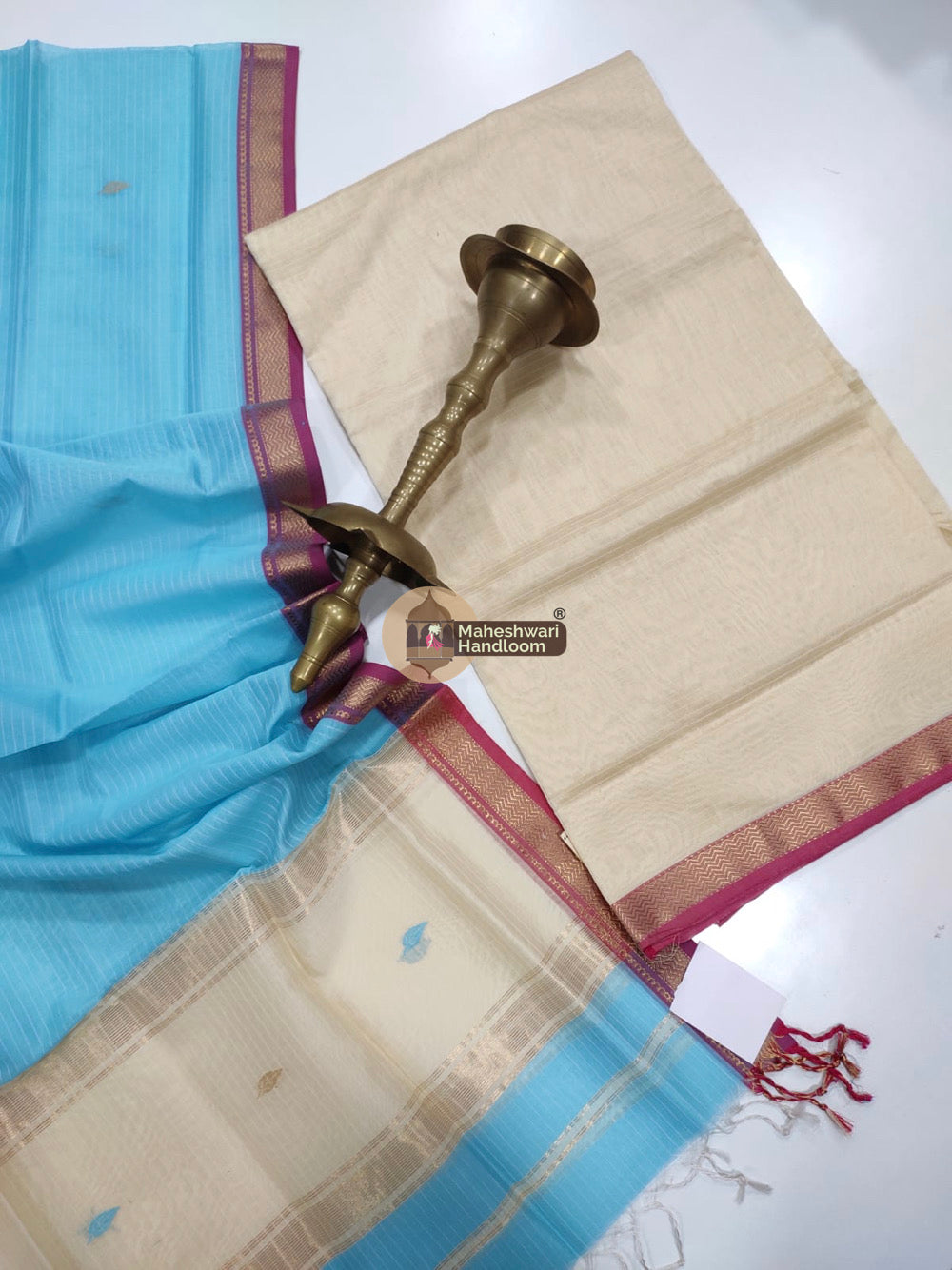 Maheshwari White Blue Butti Top Dupatta Suits