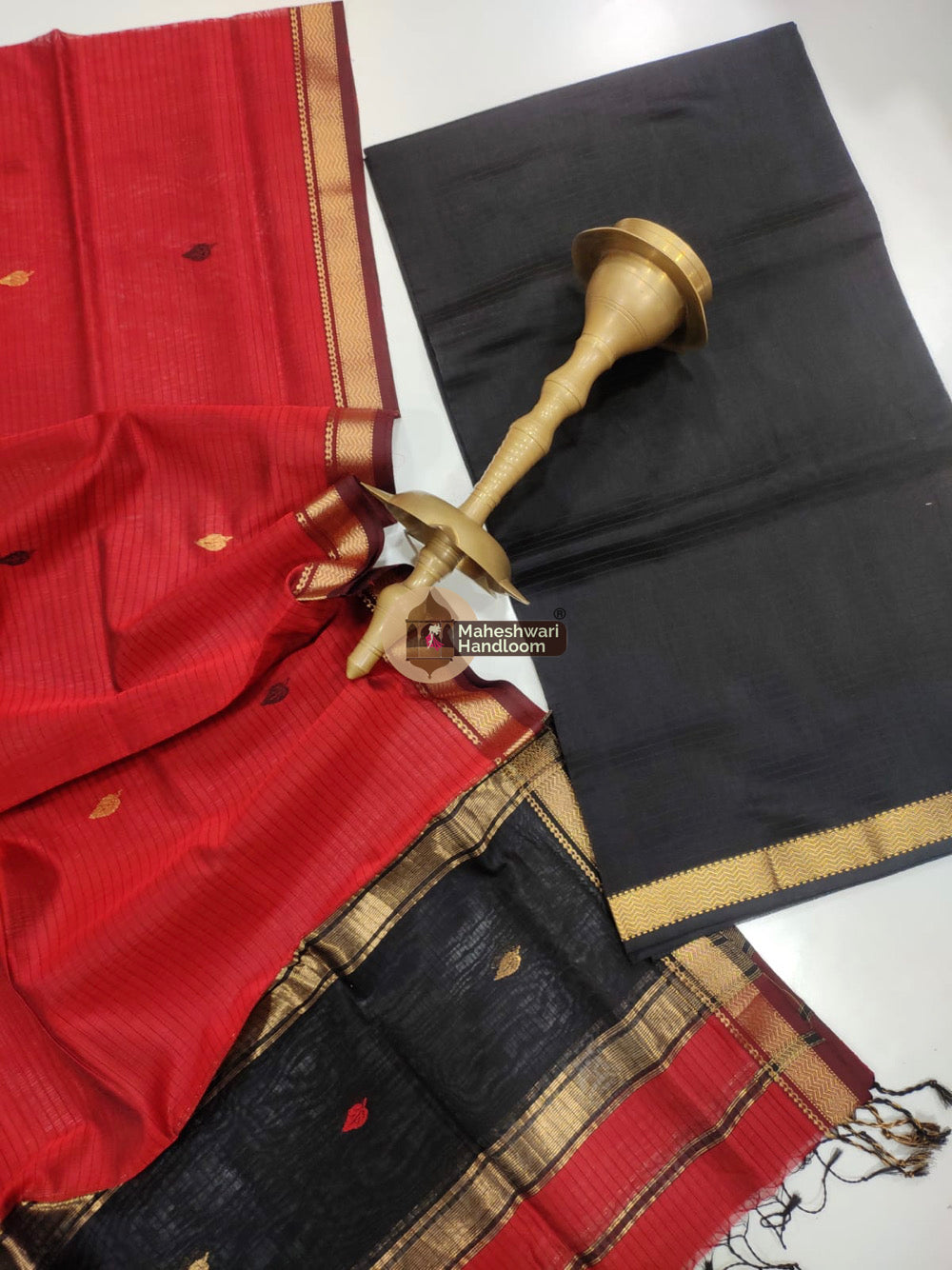 Maheshwari Black Red Butti Top Dupatta Suits
