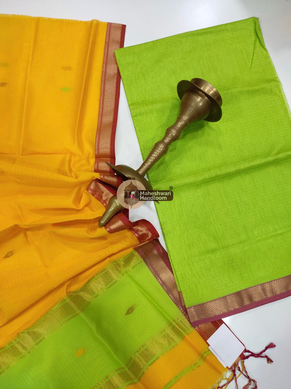 Maheshwari Green Yellow Butti Top Dupatta Suits