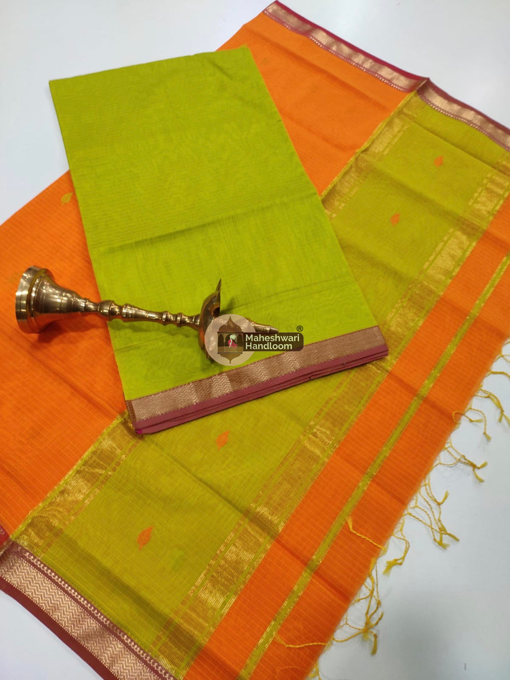 Maheshwari Green Orange Butti Top Dupatta Suits 
