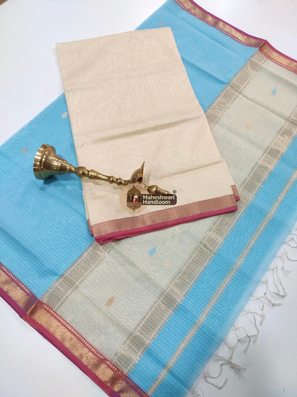 Maheshwari White Blue Butti Top Dupatta Suits